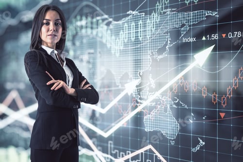 Preview: Business Woman Standing On A Financial Chart With Up Arrows Background, Double Exposure, Global
