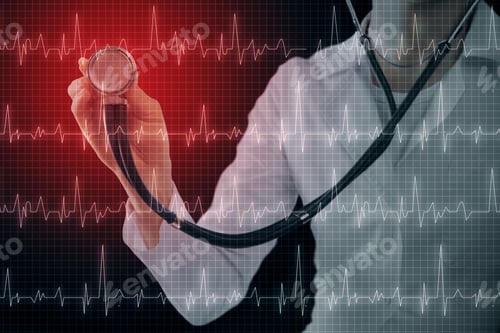 Preview: Doctor Hand With Stethoscope Using Creative Glowing Heartbeat Hologram On Red Background. Medicine