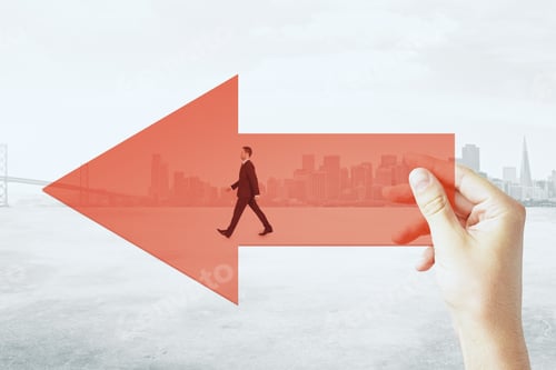Preview: Hand Holding Red Arrow With Walking Businessman On City Background. Growth And Startup Concept