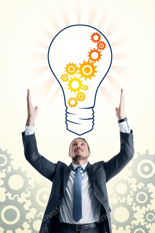 Preview: Cheerful Young Businessman With Creative Cogwheel Light Bulb Sketch On Subtle White Background