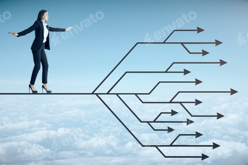 Preview: Young Businessman Walking On Abstract Digital Arrows On Blue Sky Background. Business And Challenge