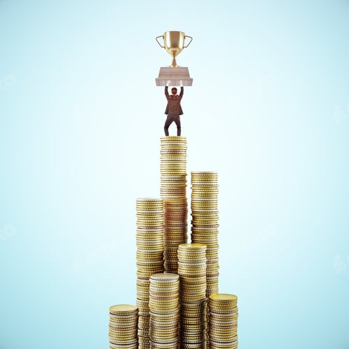 Preview: Businessman Standing On Stack Golden Coins And Holding Winner Cup On Blue Background. Winner And