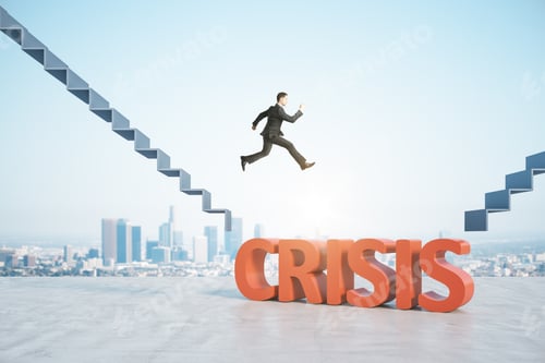 Preview: Crisis Management Concept With Jumping Over Crisis Word Sign Businessman Between Two Stairs On Roof