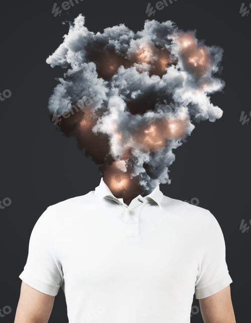 Preview: Man With Abstract Explosion Smoke And Fire Head Standing On Dark Backdrop. Disaster And Stress