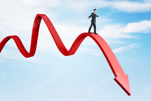 Preview: Attractive European Businessperson Balancing On Abstract Falling Red Arrow On Sky Backdrop. Crisis