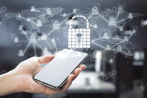 Preview: Hand Using Phone With Glowing Padlock Network Interface On Blurry Office Interior Background