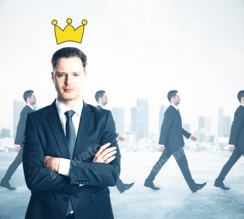 Preview: Confident Businessman With Folded Arms And Drawn Crown. Walking People On City Background. Leader