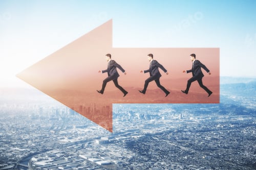 Preview: Side View Of Young Businessmen Running On Red Arrow On City Background With Daylight. Direction And