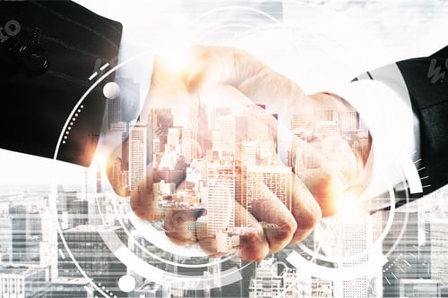 Preview: Close Up And Side View Of Handshake On City Background With Digital Pattern. Online Business