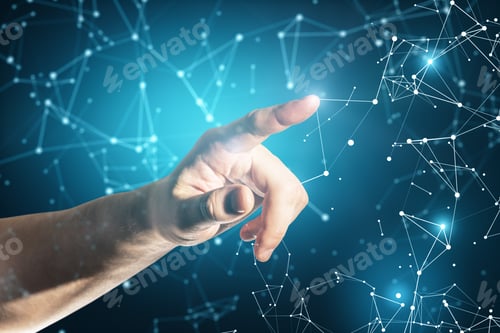 Preview: Hand Touching Creative Digital Polygons Background. Technology And Science Concept.