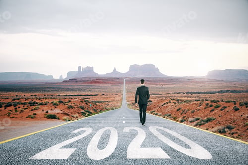 Preview: Businessman Walking On Road With Drawing 2020 New Year Text. Success And Startup Concept.