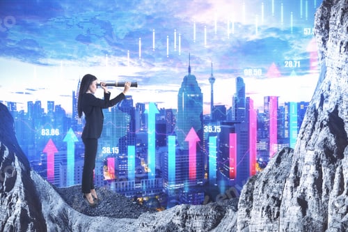 Preview: Businessman Standing On Rock And Looking Candlestick Stock Chart. Vision And Finance Concept