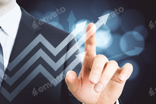 Preview: Businessman Hand Pointing Glowing Stock Arrow. Trade And Analysis Concept. Multiexposure