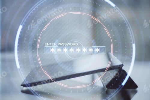 Preview: Close Up Of Tablet On Blurry Desktop Background With Abstract Digital Round Interface. Verification