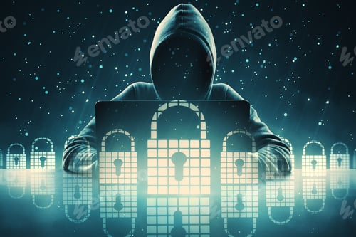 Preview: Hacker Using Laptop With Digital Padlocks. Security Attack Concept. Double Exposure