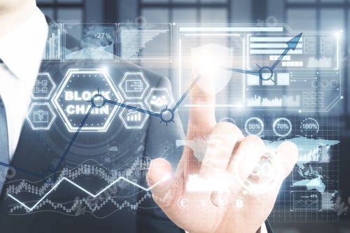 Preview: Businessman Hand Pointing At Glowing Business Interface On Blurry Interior Background. Finance And