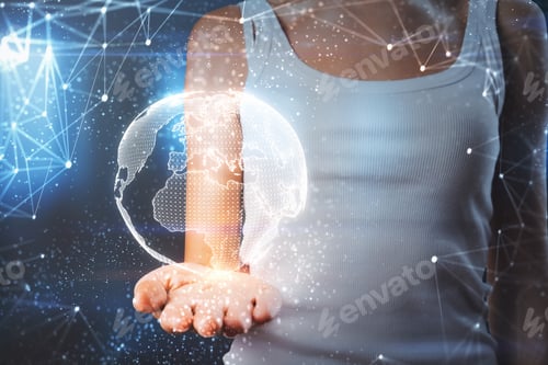 Preview: Female With Polygonal Globe Standing On Blurry Blue Background. Global Business And Media Concept