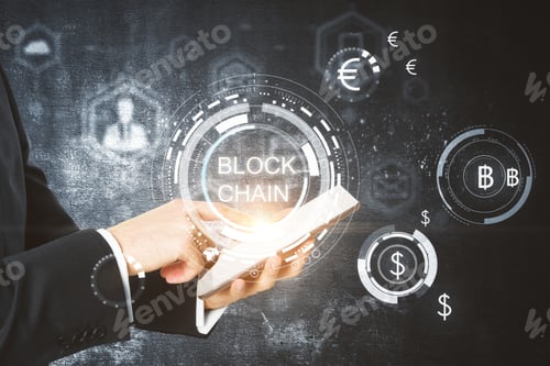 Preview: Side View Of Businessman Hands Using Tablet With Digital Blockchain Interface. Cryptocurrency And