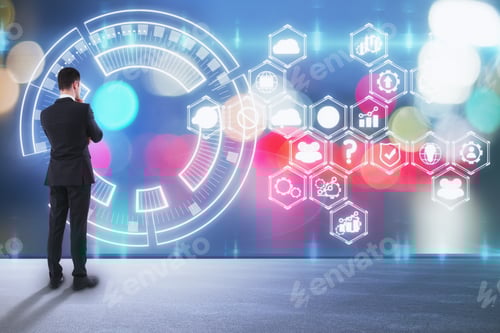 Preview: Businessman On Rooftop Looking At Abstract Digital Business Screen. Innovation And Analytics