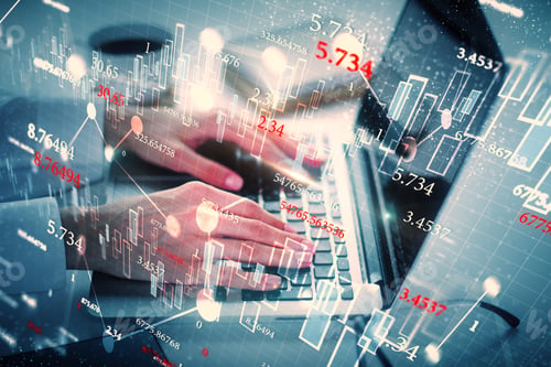 Preview: Side View Of Hands Using Laptop Computer On Desktop With Forex Chart Grid And Coffee Cup