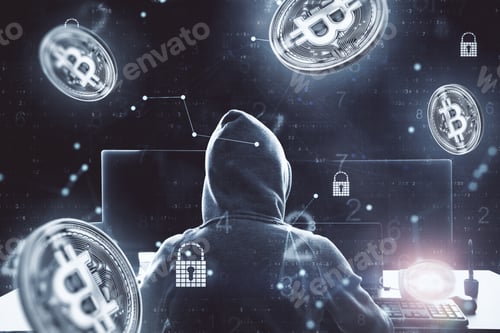 Preview: Hacker Using Laptop With Digital Bitcoin Interface On Blurry Background. Malware And Cryptocurrency