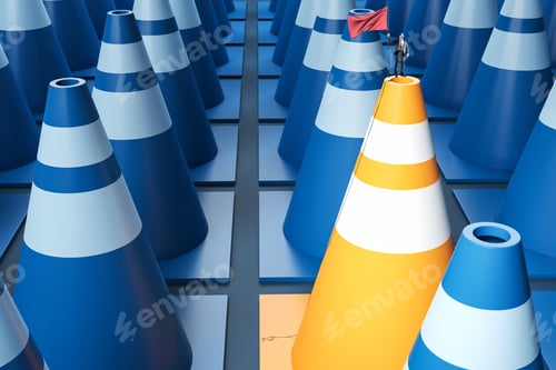 Preview: Businessman With Victory Flag Standing On Yellow And Blue Traffic Cone. Success And Win Concept.