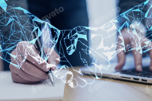 Preview: Businessman Using Laptop And Writing On Desktop With Abstract Polygonal Handshake. Blurry