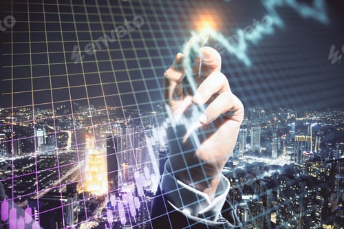 Preview: Hand Drawing Growing Stock Chart With Digital Grid On Night City Background. Trade And Investment