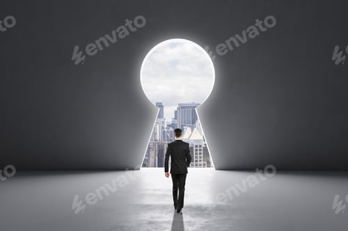 Preview: Back View Of Businessman Walking In Concrete Interior With Abstract Keyhole Window With City View