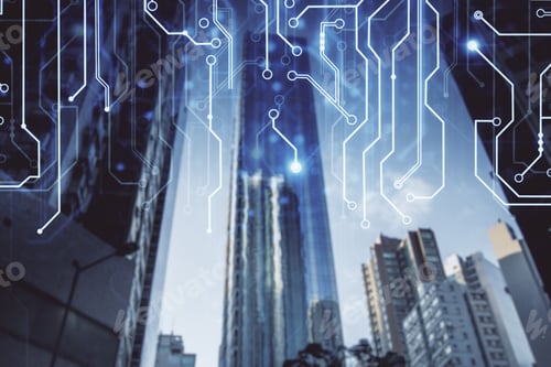 Preview: Abstract Glowing City Background With Circuit. Innovation And Technology Concept. Double Exposure