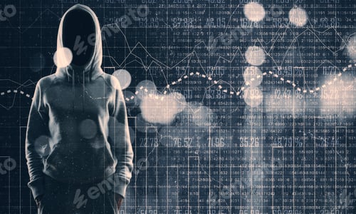 Preview: Hacker With Glowing Forex Interface On Blurry Bokeh Background. Malware And Trade Concept. Double