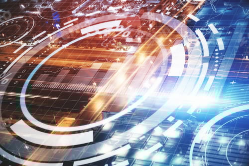 Preview: Digital Button On Modern City Background. Technology Concept. Double Exposure