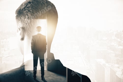 Preview: Back View Of Thinking And Standing Businessmen On City Background. Thoughts Concept