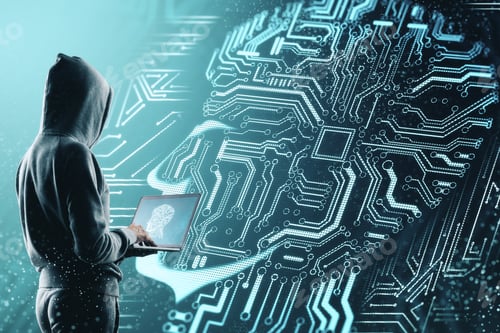 Preview: Young Hacker With Abstract Circuit Head Interface. Malware And Theft Concept. 3D Rendering