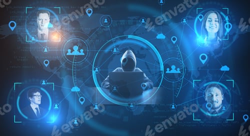 Preview: Hacker At Desktop Using Laptop With Abstract Social Media Network And Remote Work Hologram