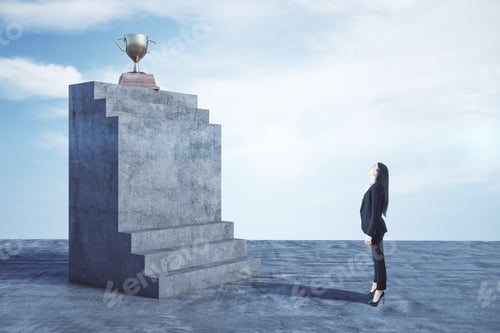 Preview: Businesswoman In Suit Looking On Concrete Stairs With Golden Winners Cup. Success And Leadership