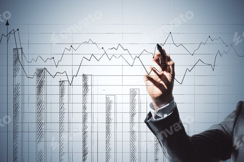 Preview: Hand Drawing Glowing Stock Chart On Virtual Screen. Trade And Analysis Concept. Close Up
