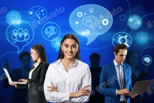 Preview: Attractive European Businesspeople With Devices Working On Abstract Blue