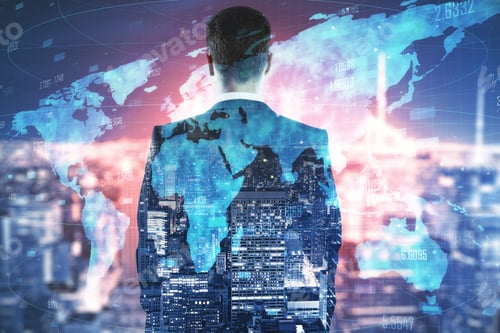 Preview: Businessman Standing On Night City Background With Digital Glowing Map. Global Network And Ai