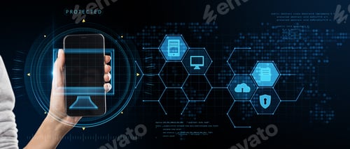 Preview: Female Hand Holding Creative Glowing Computer Hologram Interface On Blurry Background. Digital