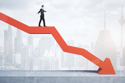 Preview: Businessman Standing And Balancing On Abstract Red Downward Chart Arrow On Light City Background