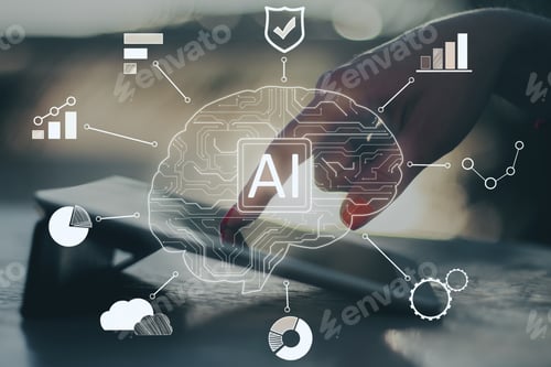 Preview: Close Up Of Hand Using Tablet With Creative Ai Circuit Brain And Icons Placed On Desktop And Blurry