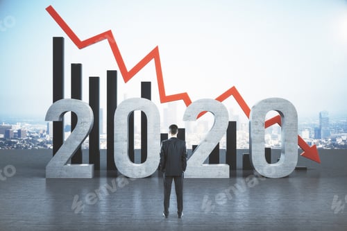 Preview: Businessman Looking On Falling Chart And 2020 Text. Business Crisis And Financial Risk Concept. 3D