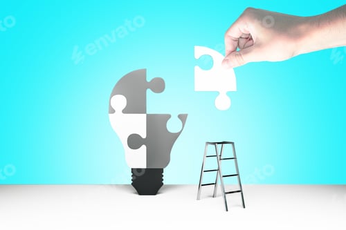 Preview: Hand Assembling Abstract Light Bulb Puzzle With Ladder On Blue Background. Success And Solution