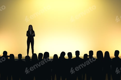 Preview: Businesswoman Giving Speech In Front Of Backlit Audience On Light Yellow Background. Speaker And