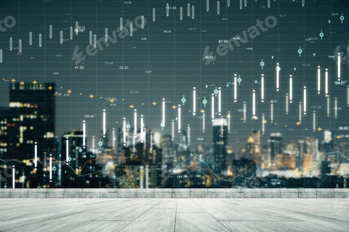Preview: Night City Rooftop Background With Forex Chart. Trade And Finance Concept. Double Exposure