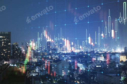 Preview: Creative Glowing Forex Chart Grid And Big Data Hologram On Blurry Night City Backdrop. Trade