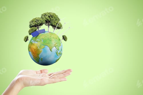 Preview: Close Up Of Female Hand Holding Creative Globe With Trees And Solar Panels On Green Background With
