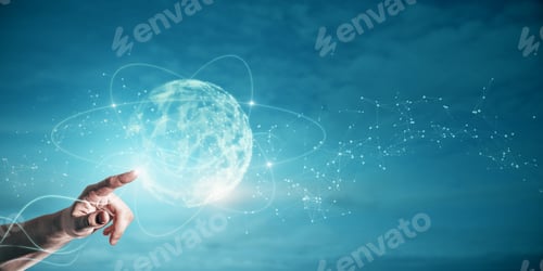 Preview: Close Up Of Businessman Hand Pointing At Abstract Polygonal Sphere On Blue Background With Mock Up