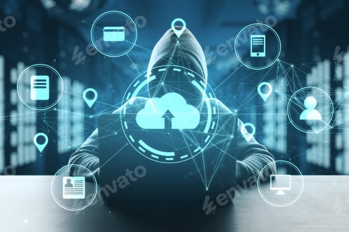 Preview: Hacker Using Laptop In Server Room With Cloud Computing Diagram. Network And Communication Concept